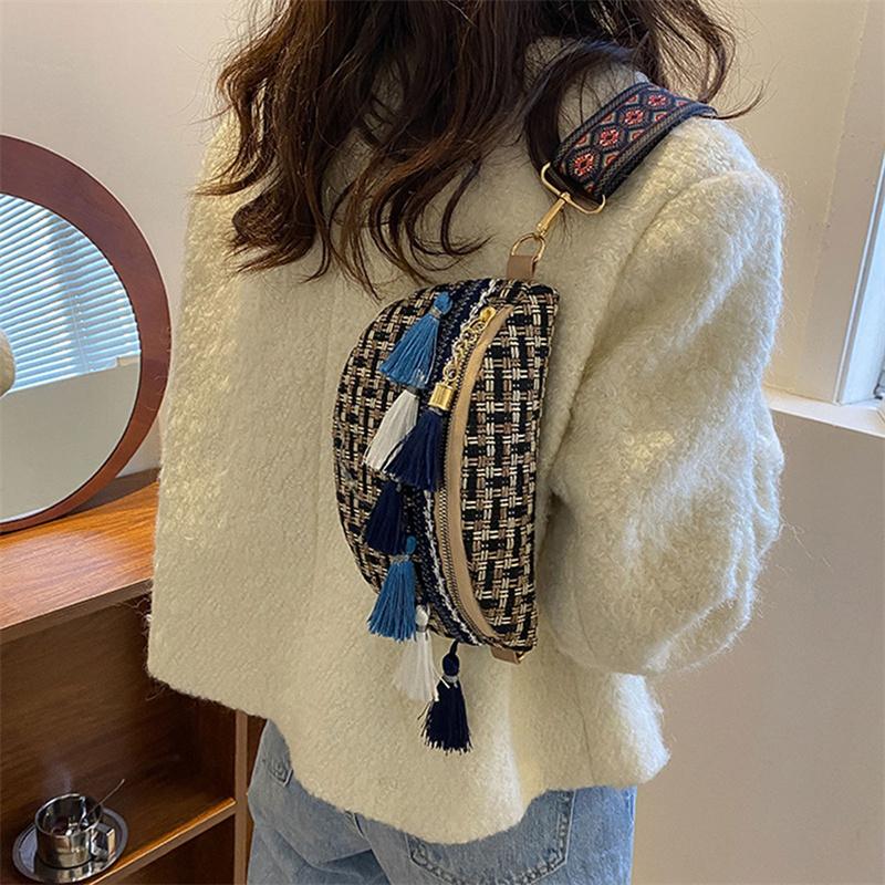 Weave Crossbody Bags Female Tassel Waist Bag Retro Leather Shoulder Packs