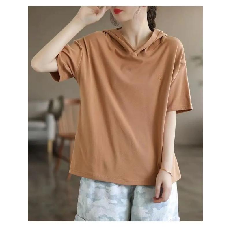 Summer Solid Color Simple Casual Fashion Versatile Loose Oversized Short Sleeved Pullover Hoodie for Women