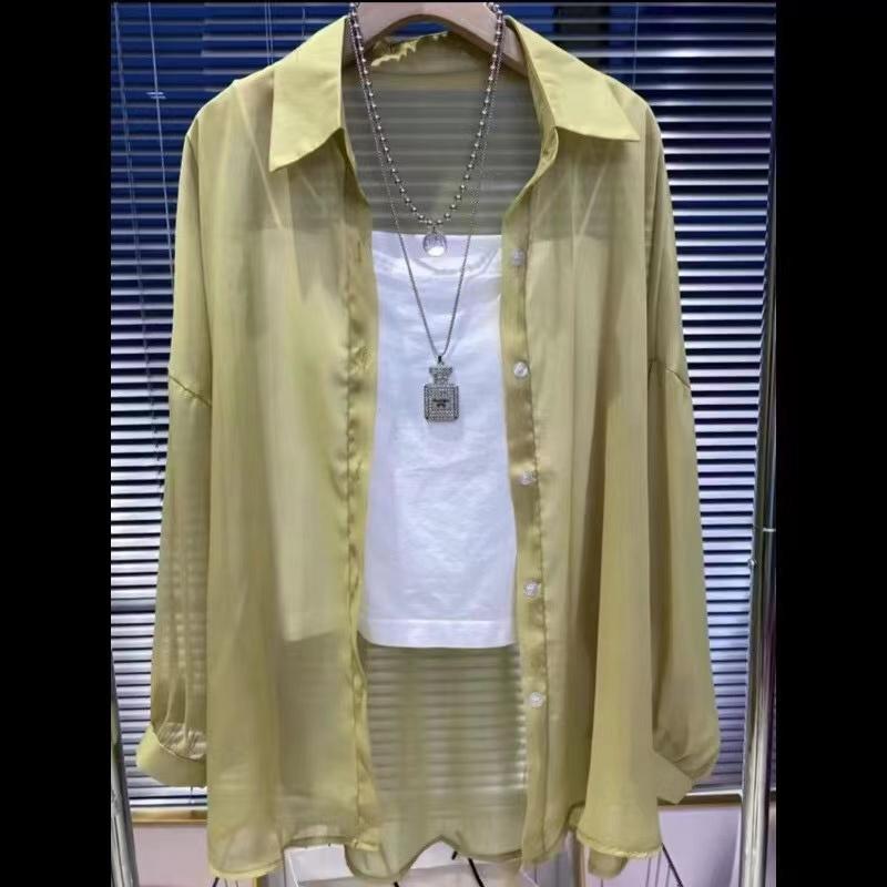 

13 цветов рубашки женские прозрачные тонкие шикарные летние простые однотонные солнцезащитные модные мешковатые универсальные базовые вещи в корейском стиле зелёный