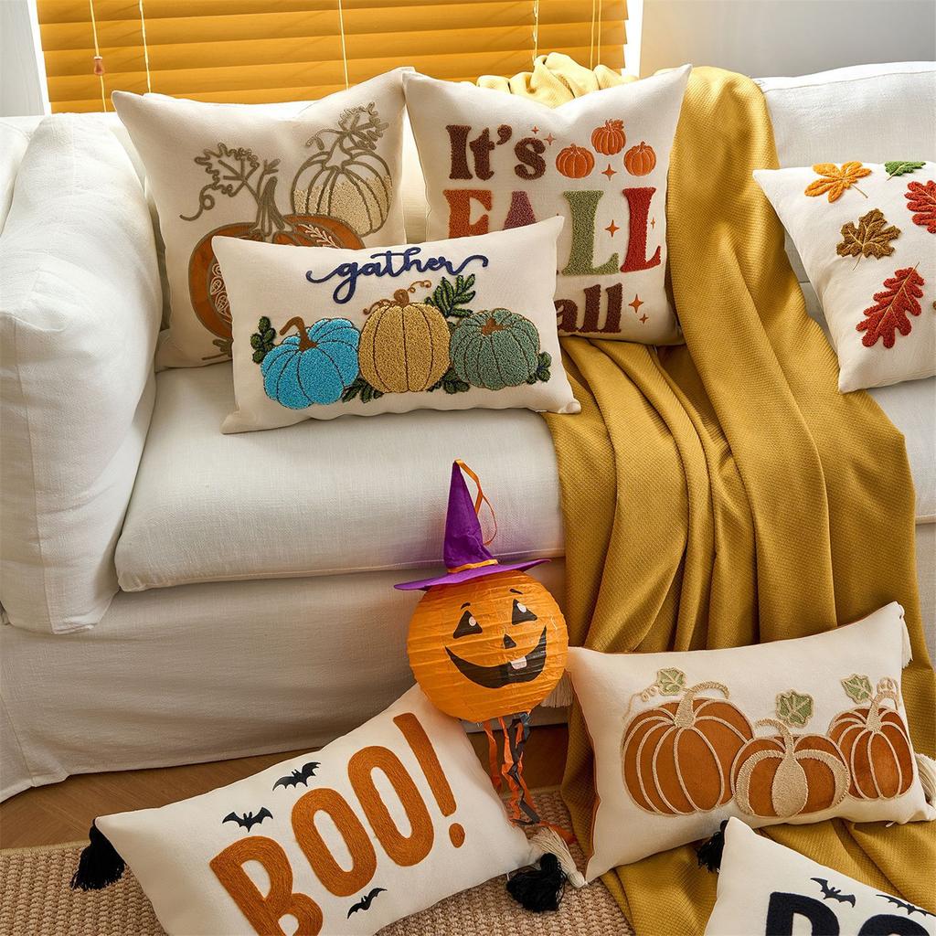 Halloween Pumpkin Embroidered Throw Pillow Cover For Sofa Living Room Outdoor Garden Decor Polyester Cushion Case