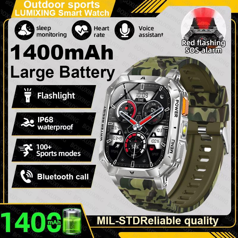 Military outdoor Smart Watch Fitness Clock Men 2.01 inch AMOLED Screen 1400mAh Battery Flashlight HD Call Waterproof Smartwatch