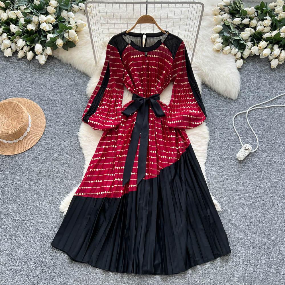 Vintage Elegant Spliced print slim Dress Korean Fashion Long dress hotsweet Women Fashion Dresses