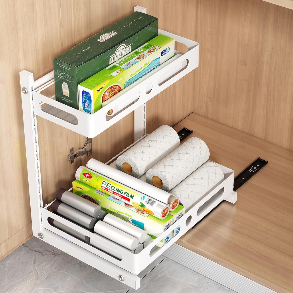 Under Sink Organizers, Metal Sliding Cabinet Basket and Storage Organizer 2 Tier Pull Out Cabinet Organizer for Kitchen Bathroom