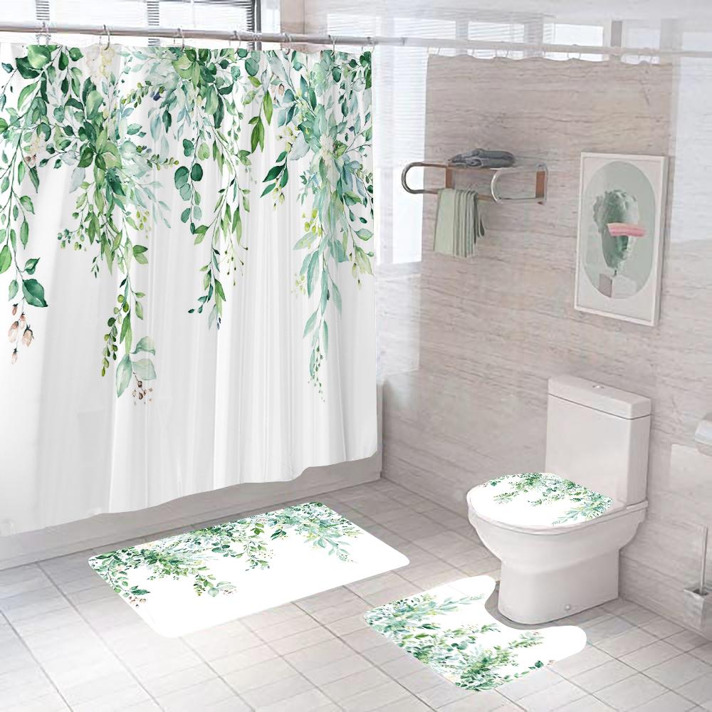 Green Leaves Shower Curtain Sets Spring Rural Plant Flower Bathroom Curtains Non-Slip Toilet Lid Cover Rug Baths Mats Home Decor