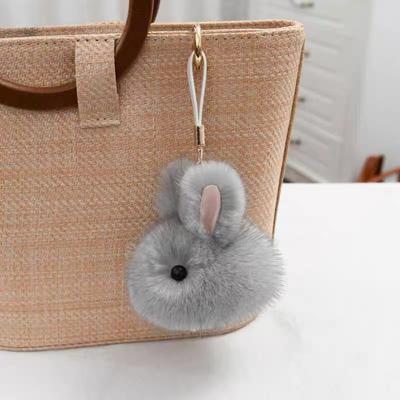 Women Girls Cute Plush Rabbit Keychain Rings Fluffy Pompon Bunny Trinket Key Chain Charm White Grey Pink Key Ring On Bag Car Key