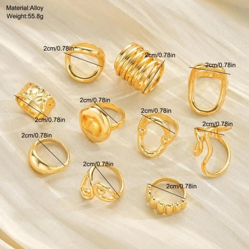 10Pcs/Sets Hiphop Irregular Hollow Arc-Shaped Rings for Women Men Punk Gothic Smooth Opening Rings Set Party Jewelry Accessories