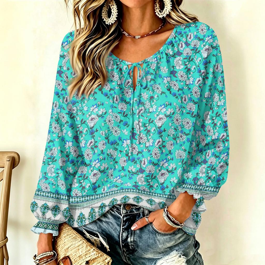 Damen Freizeit Vintage Blumendruck Langarm Rundhals Krawatte Rüsche Pullover Top