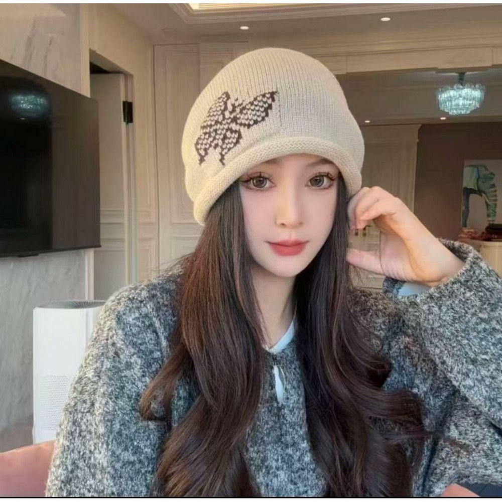 Butterfly Pattern Drawstring Beanie Cap Windproof Ear Protection Hat Casual Cover Head Cap  Women