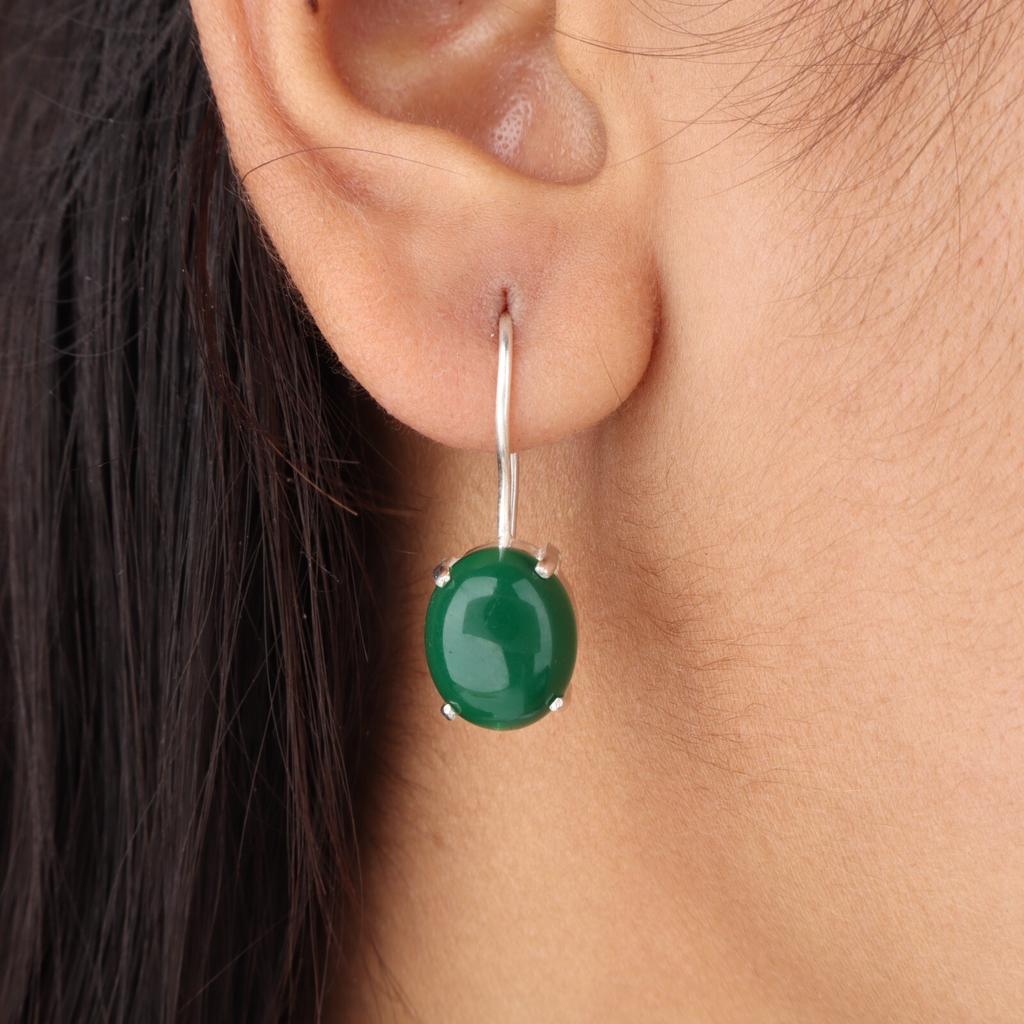 Natural Green Onyx Cab Gemstone 925 Sterling Silver Handcrafted Earrings 1.05" EE-173-23