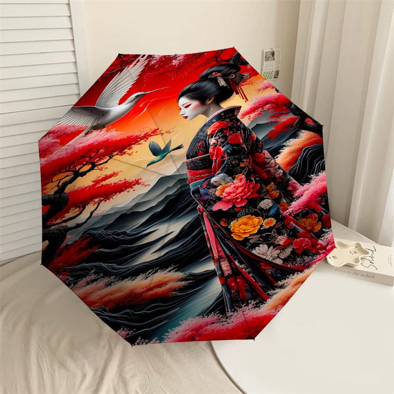 

1PC Floral Kimono Birds Umbrella-8-Rib Reinforced, Automatic Open, Lightweight & Durable, Cute Fashion Accessory for Outdoor-W181