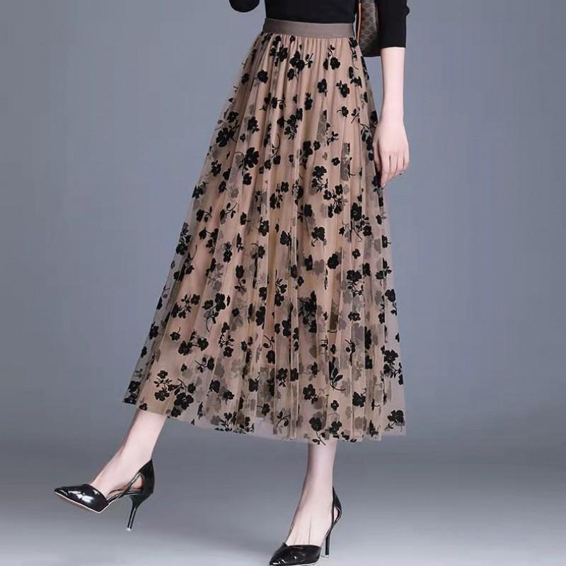 Women's High-Waisted Double-Sided Flocked Mesh Pleated A-Line Midi Skirt - New Slimming Spring Style