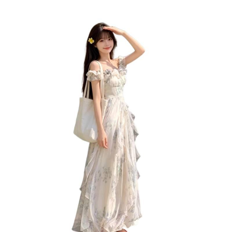 Seaside vacation style suspender skirt yarn French ruffle edge beach dress atmosphere long dress elegant female fan
