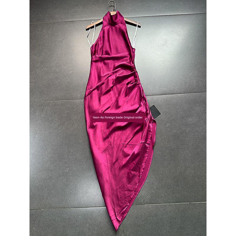 American Single Lulus Home Halterneck Bare Back Tight Waist Asymmetrical Sexy Waist Trimming Dress Satin Small Dress for Women