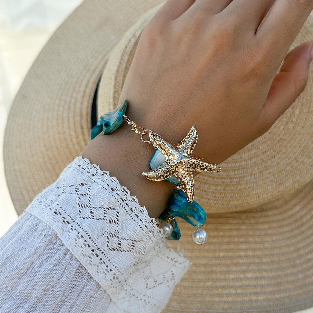 Retro Starfish White Shell Conch Pendant Necklace Women Simple Creative Colorful Stones Hand Woven beach Jewelry Girls