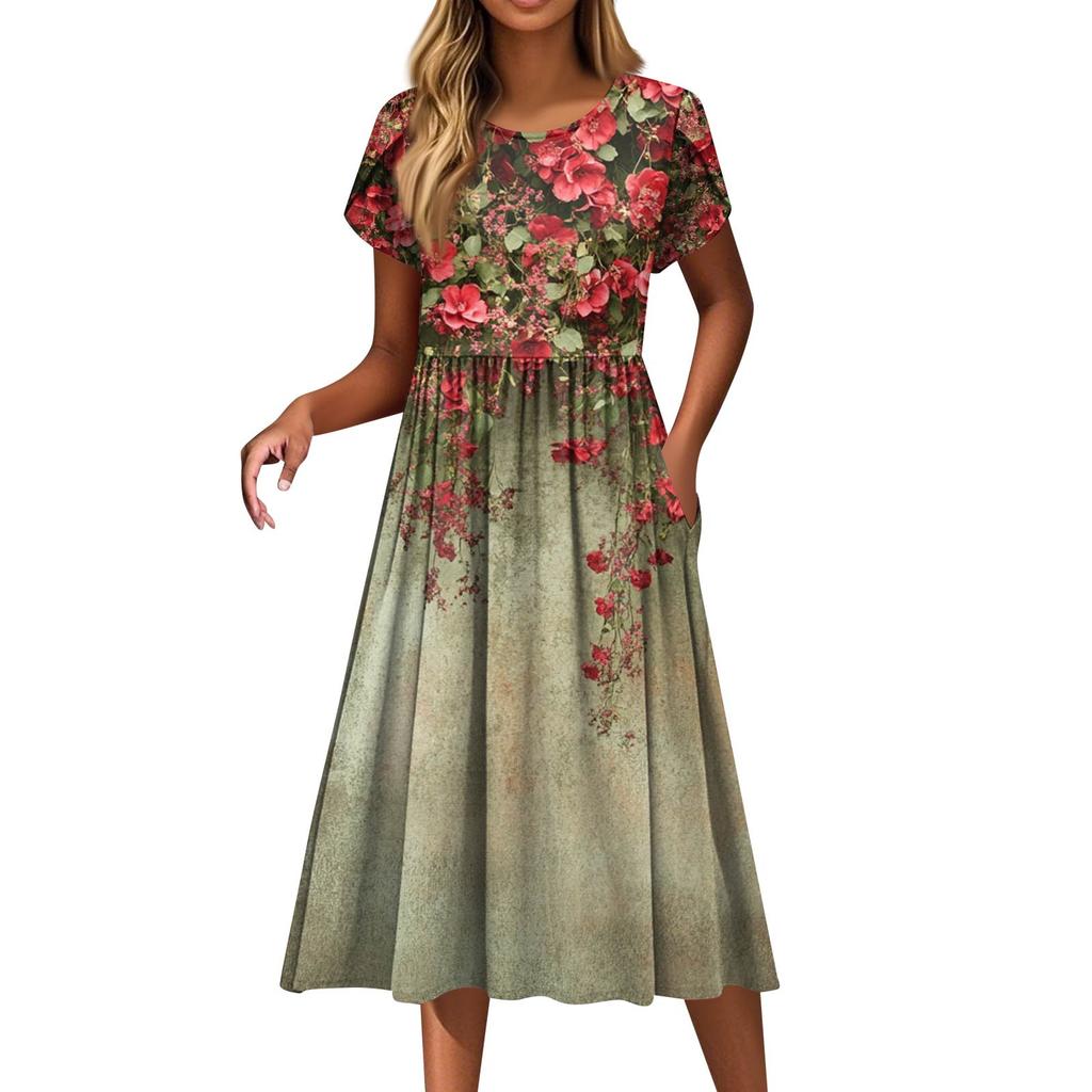 Dámské módní ležérní šaty s volným potiskem s kulatým výstřihem a kapsou s krátkým rukávem