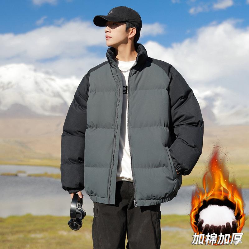Cotton jacket men's winter new Japanese fresh flow color matching stand-up collar warm thickened bread jacket cotton coat couple