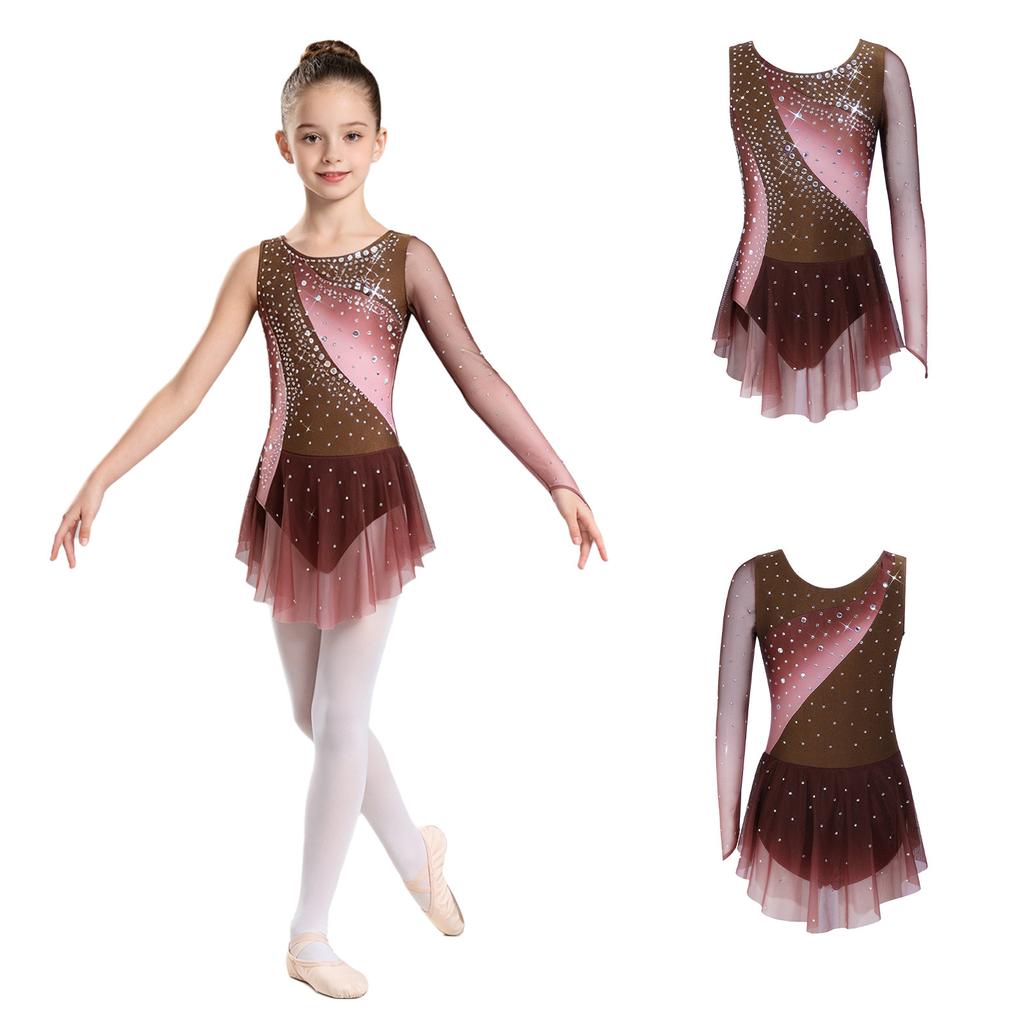 Girls Shiny Rhinestone Contrast Color Performance Dress Round Neck Asymmetrical Split Skating Dance Gymnastics Gown
