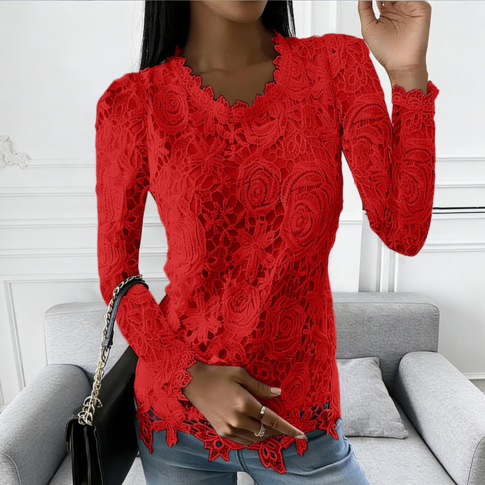 

Женский цветной повседневный элегантный кружевной топ с круглым вырезом и длинными рукавами XL красный
