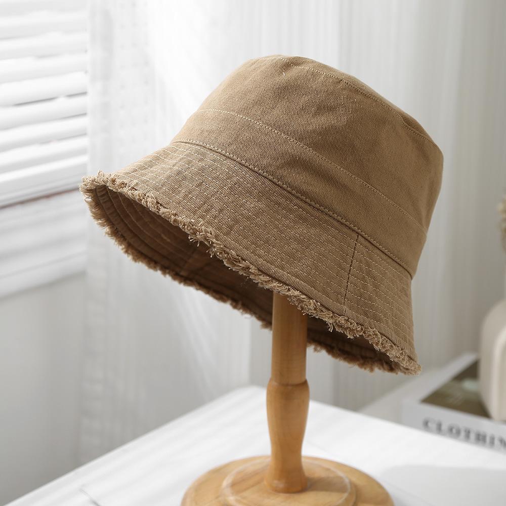 Outdoor Spring and Summer Internet Celebrity Solid Color Rough Edge Bucket Hat Female Versatile Sunscreen Visor Showing Face Small Bucket Basin Hat