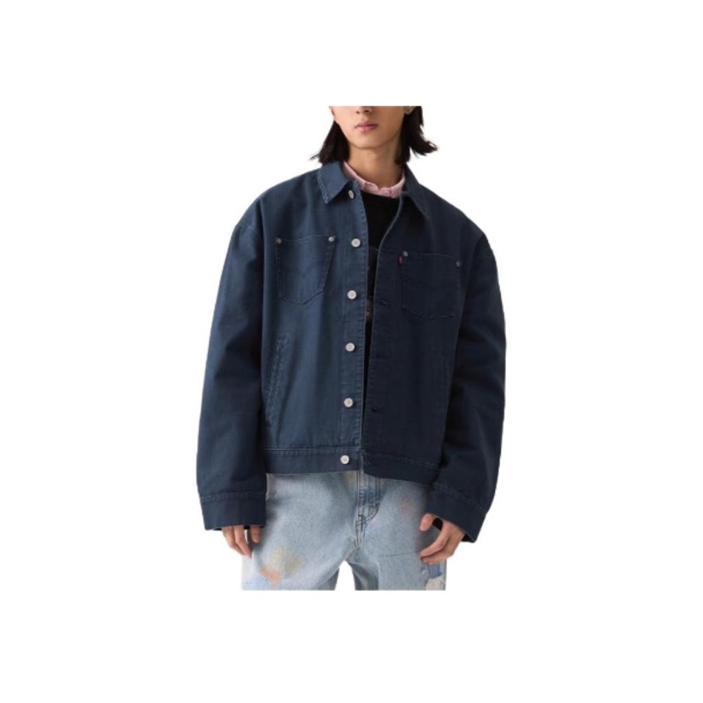 Levis Loose Casual Comfortable Solid Color Polo Collar Long Sleeve Denim Jacket Men Jackets Dark-Blue 003L3-0003