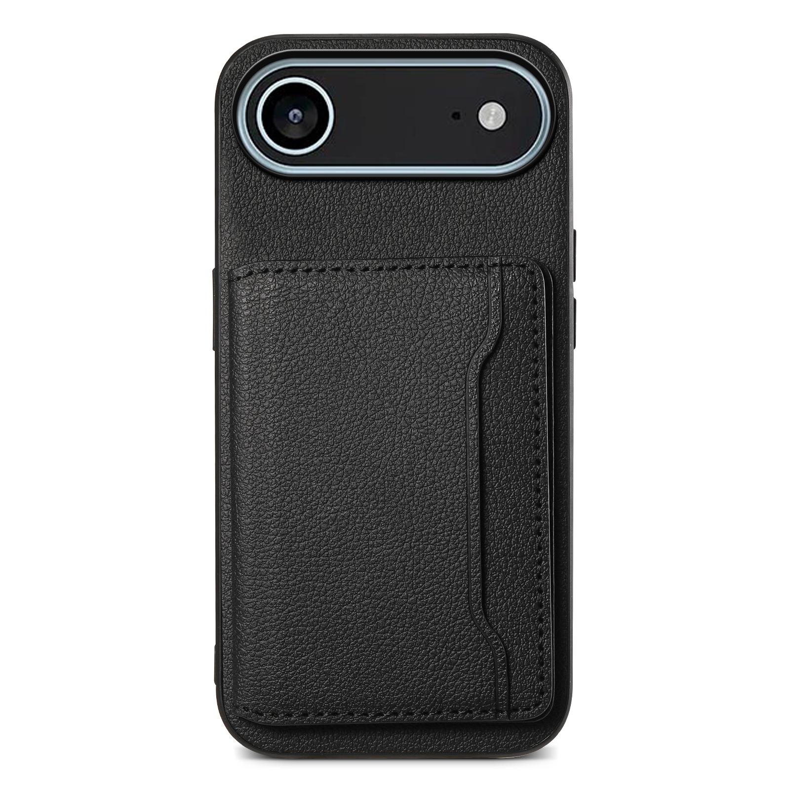 

For iPhone 17 Air Case with Card Slots Kickstand Calf Texture Leather Phone Back Cover Black