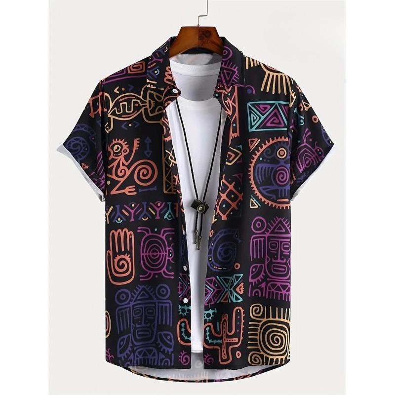 Camisas Havaianas para Homens T-shirt Casual de Manga Curta com Estampa Paisley 3D Gola Lapela Botões Tops Masculinos Verão Oversized Boêmio Camisetas Masculinas