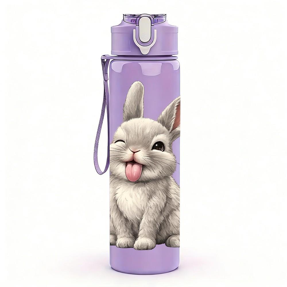 1PC White Fluffy Easter Bunny Print 750ml Color Plastic Sports Water Bottle Leakproof Flip Straw Lid Suitable for Sports Office Home Use