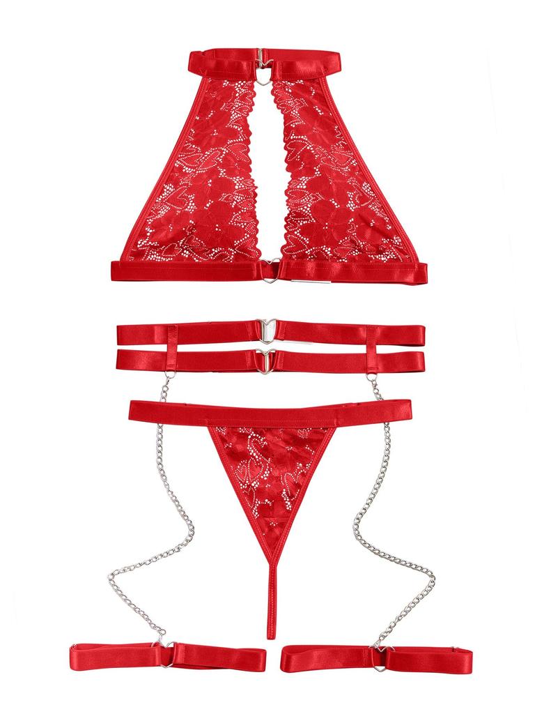 Sexy Halter Heart Ring Cutout Chain Floral Lace Sheer Garter Belt Lingerie Set 3 Piece