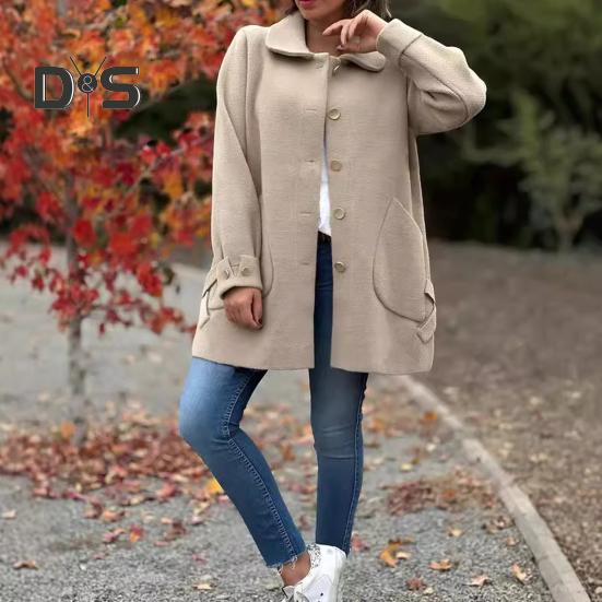 Осень-весна Женское пальто однобортное на пуговицах Свободный однотонный кардиган — фото 7