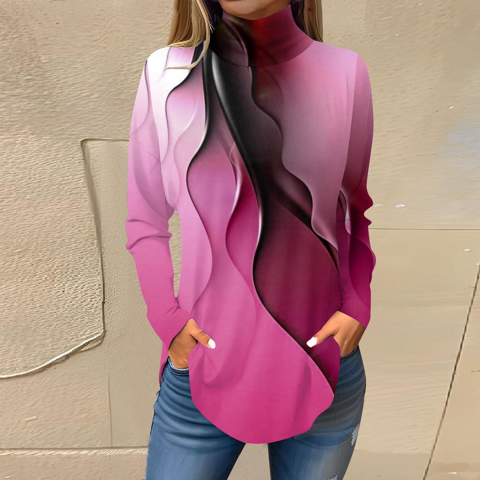 

Женская модная повседневная футболка с длинным рукавом с высоким воротом и принтом, пуловер, топ XXL горячий розовый