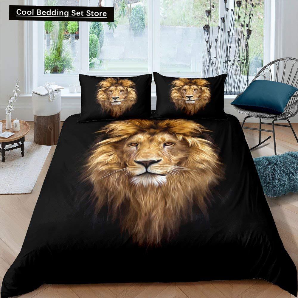 Rei Leão Rainha Capa de Edredom Conjunto de Cama Animal Relâmpago Leão Dourado 2/3 Peças Capa de Edredom Cinza Preto Dourado Poliéster Capa de Edredom