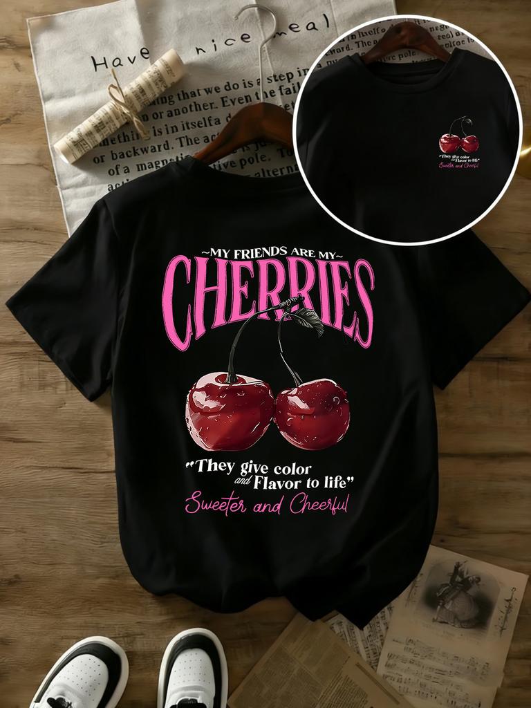 Summer Sweet Cherries Prints T-Shirts Womens Cotton Oversized T Shirts Basic O-Neck Short Sleeve Tops Casual Woman Clothes