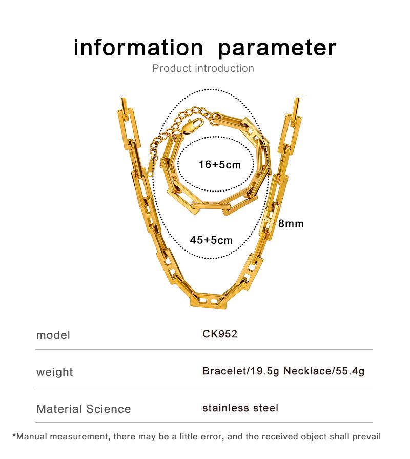 Conjunto de Pulseira e Colar de Corrente Feitos à Mão Banhado a Ouro 18K: Design Quadrado Espesso, Aço Inoxidável Polido.