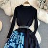 Vintage Elegant  O Neck Print  Pleated Long Sleeve Knit Dress A-line Casual Women Fashion High Waist Summer Spring