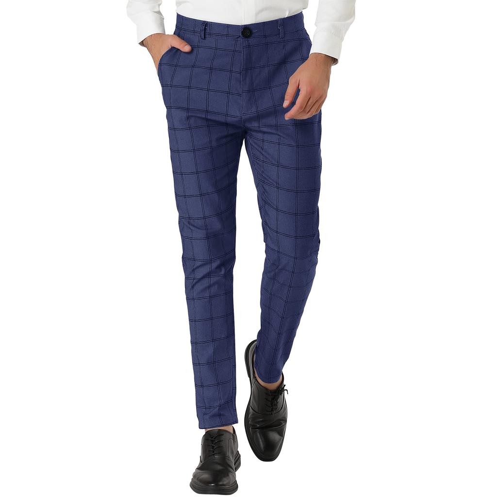 Men's Dress Plaid Slim Fit Flat Front Business Pants With Pockets