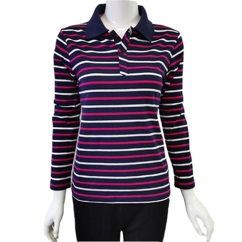 Women's Long-sleeved Cotton Polo Collar Long-sleeved T-shirt Striped Stretch Repair Bottoming Shirt