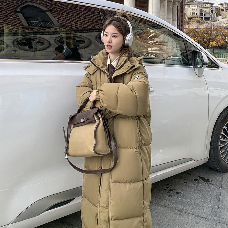 Winter 2025 new long cotton jacket over the knee Korean version of loose collegiate style down padded jacket thickened jacket