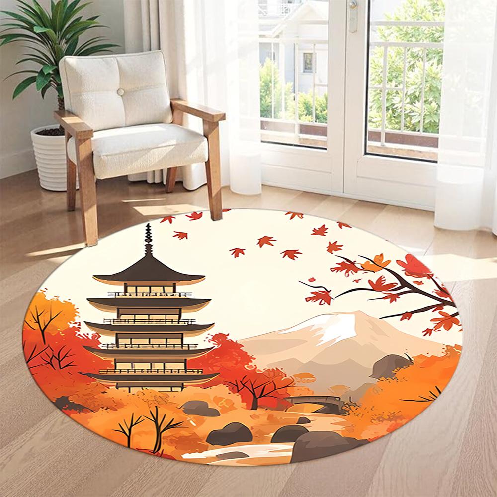 Chinese-style Architecture Round Carpet Perfect for Dormitory Foyer Balcony Living Rooms Anti-slip Round Rug Decorate Offices Best for Christmas