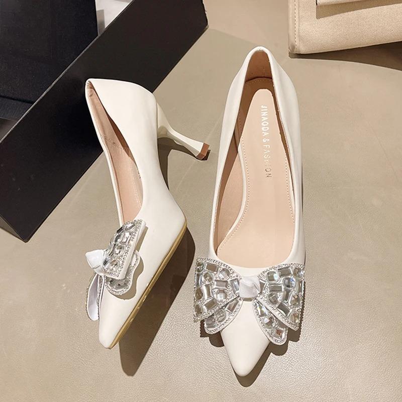 Fashion Shiny Big Crystal Pumps Women Fashion Bowknot Thin Heel Party Shoes Woman Pointed Toe Slip-On Rhinestone High Heels Shoes