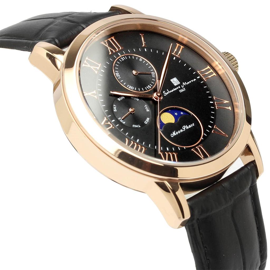 Salvatore Marra Moon Phase 5 ATM Water Leather Limited Black or Pink Men's Multi-Calendar Watch, Resistant, Strap, Edition, Gold, SM21106-PGBK