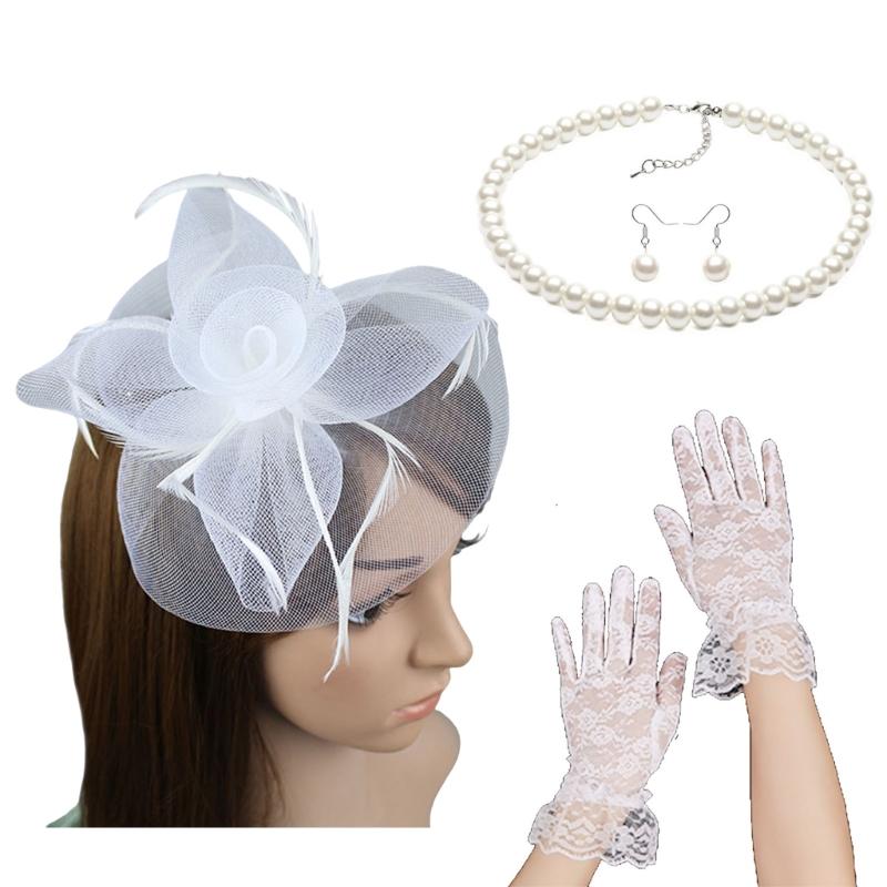 Elegant Women Fascinators Hats Flower Fascinator with Necklace Earring and Lace Short Gloves Party Headwear for Women