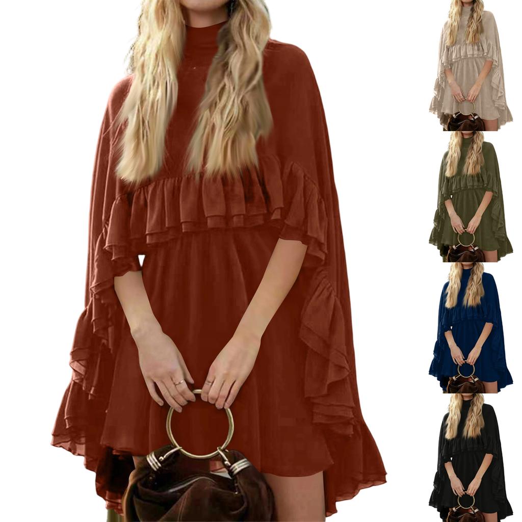 Abito Elegante da Donna in Chiffon con Dettaglio a Volant Collo Alto Manica Svasata Mini Abito Casual Vestibilità Larga Abito Estivo