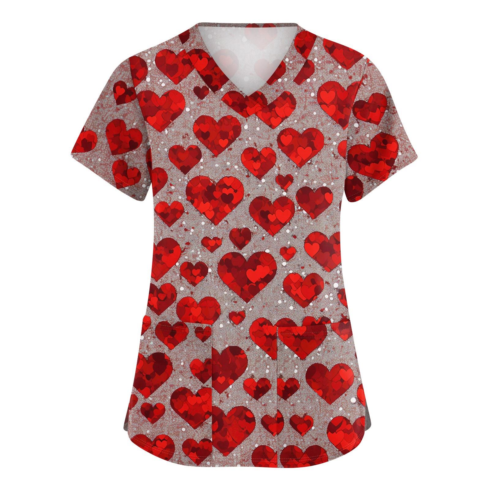 

Women s Cute Bow Printed Work Clothes V-neck Double Layer Pockets Basic Short Sleeve Top Pullover XXXXL красный