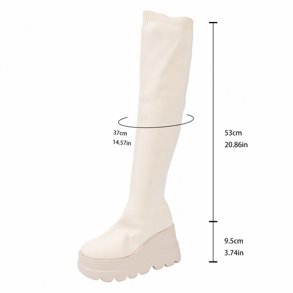 Slope Heel Knee Boots Women'S Winter Thick-Soled Large-Size Muffin Slim Fly-Woven Elastic Socks Boots Wish