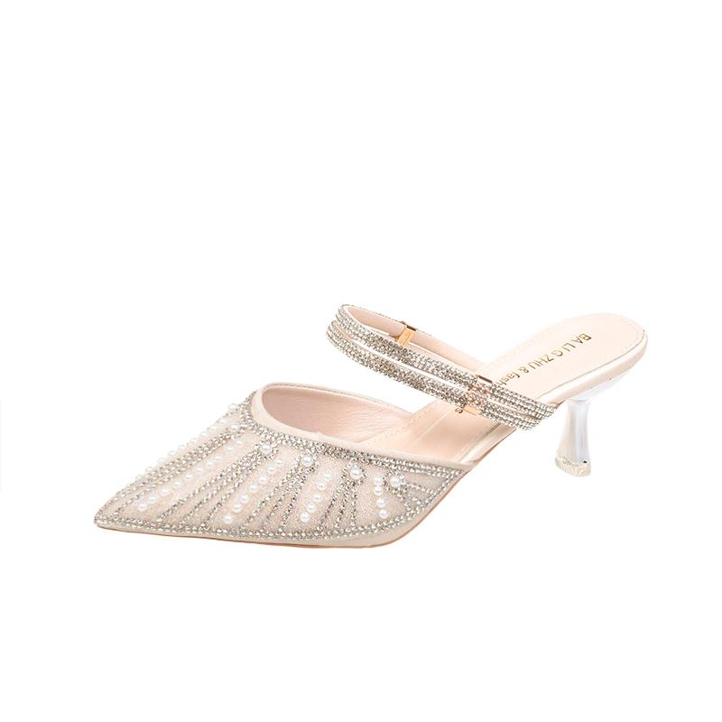 Fashion 2025 Sandals Female Pearl Rhinestone High Heels New Female Two Wear Fairy Wind French Temperament Baotou Fashion Slippers