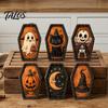 Spooky Fireplace Accents Vintage Halloween Wooden Table Decoration, Rustic Black Cat Ghost Skeleton Pumpkin Decorations Desktop Block Sign for