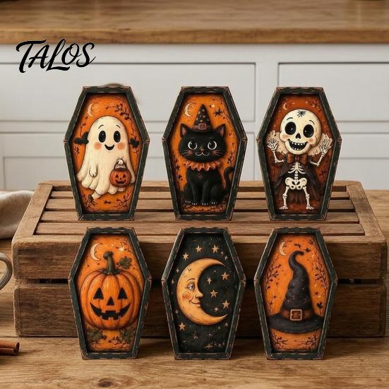 Spooky Fireplace Accents Vintage Halloween Wooden Table Decoration, Rustic Black Cat Ghost Skeleton Pumpkin Decorations Desktop Block Sign for