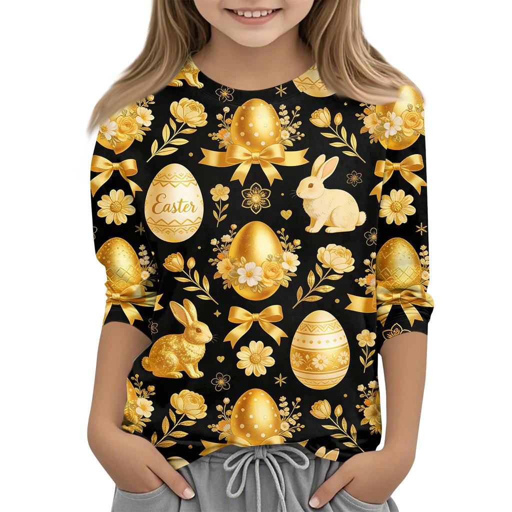 Children's Seven Quarter Sleeve Easter Print Round Neck Print Casual Top