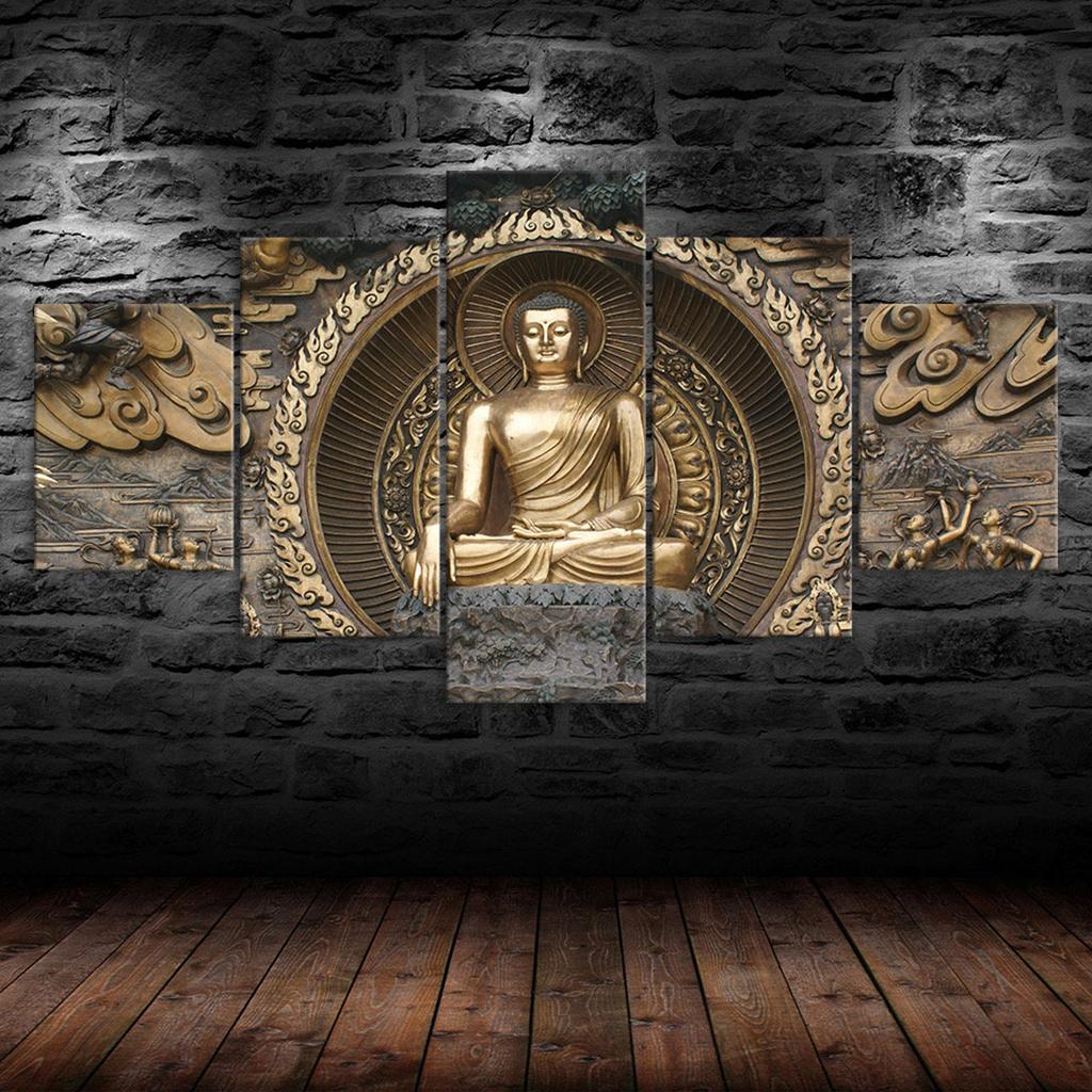 Buddha Statue Sculpture 5 Piece Canvas Wall Art Multi Panel Print Modern Poster Home Decor Picture Gift For Him For Her
