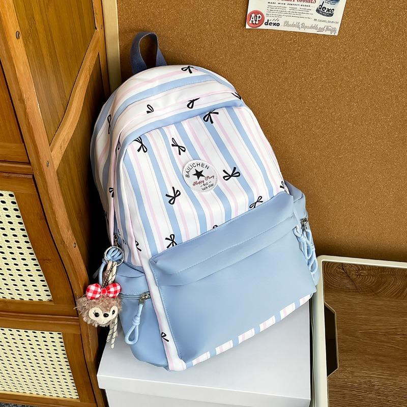 New high-value, fresh and sweet bow striped backpack, color contrast and lightweight backpack for junior high school students